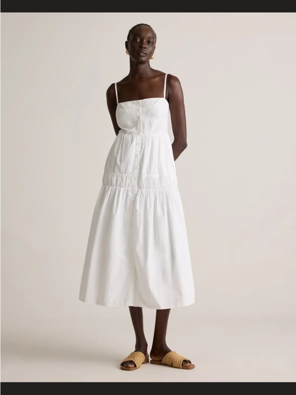 Quince White Spaghetti-Strap Cotton Tiered Midi Dress